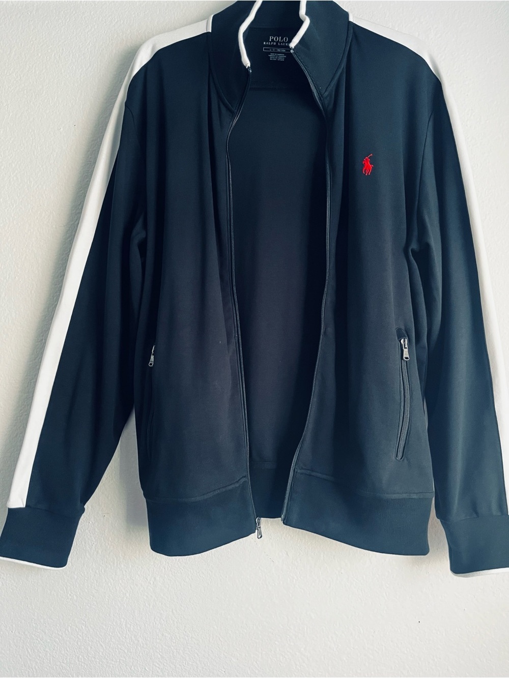 Polo by Ralph Lauren Black Track Jacket with White Sleeve Stripes and Red Pony